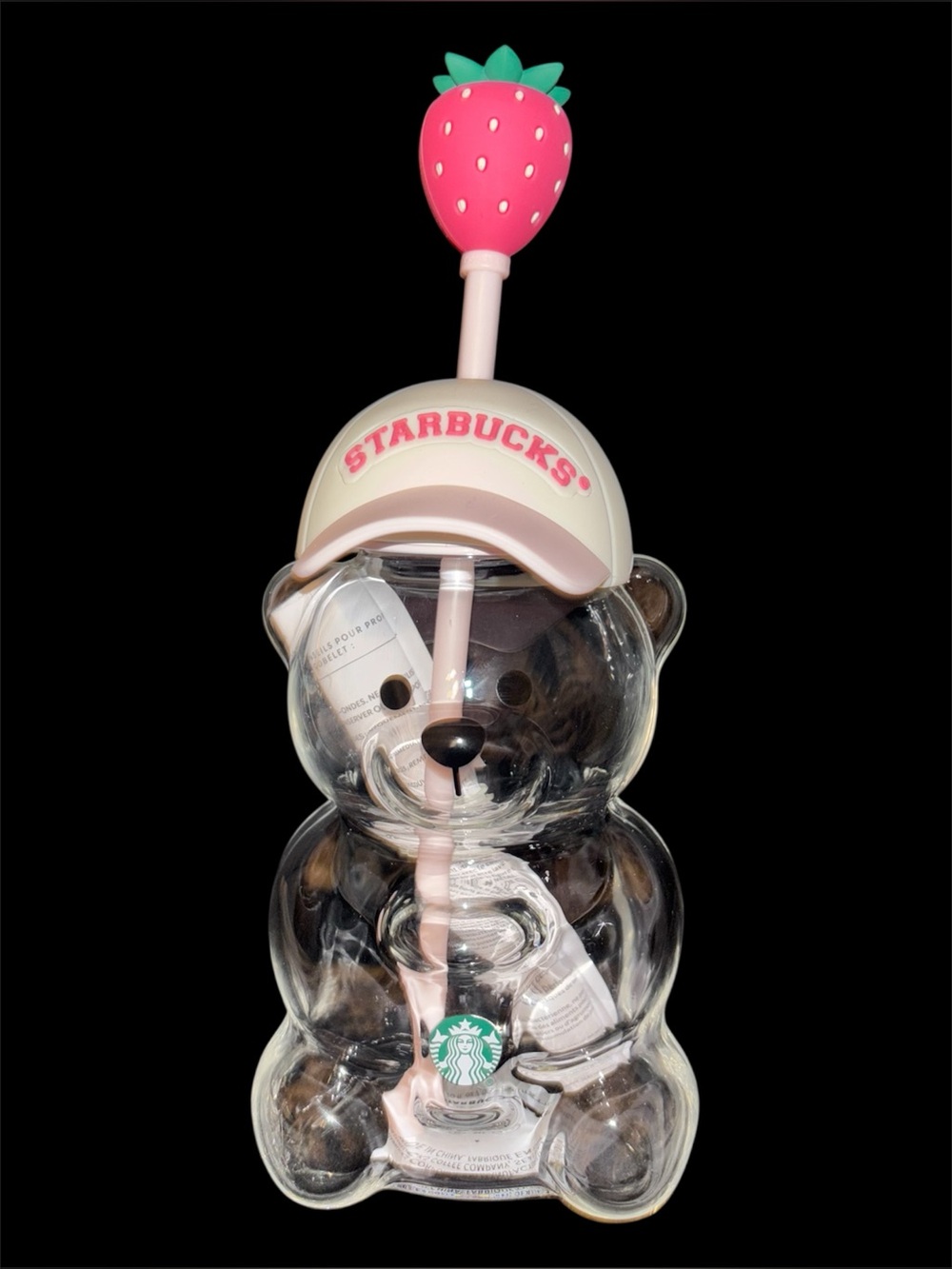 Starbucks Pink Bearista Clear Bear Tumbler with Pink Lid and Strawberry Topper